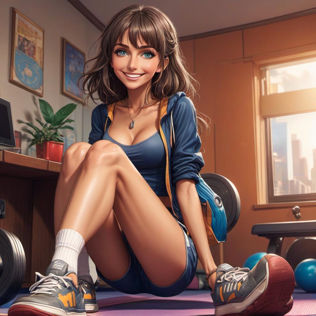  anime artwork , (:1.4), full body shot, old, (rachel cook:1.1), evening make up, (black haired:1.1), leer ful, (high detailed lower lips:1.4), (high detailed haired labic zone:1.4), medium s, (skinny fitness body:1.4), ( together, feet apart, sitting:1.4), (choco tan, bright tan lines from a :0.5), shining skin, (cute wide smile:1.2), intricated, (front view, low angle:1.3), (view between legs:1.4) . anime style, key visual, vint, studio anime, highly detailed, civitai