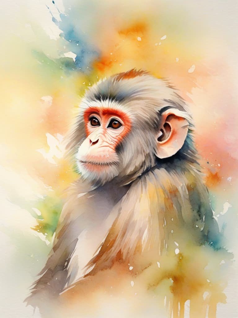  watercolor painting,instaport style, portrait of monkey [multi color watercolors with a white background], haze, film photography, light ethereal leaks, sharp focus, intricate highly detailed acrylic painting, palette knife and brush strokes, trending on artstation, trending on pixiv fanbox