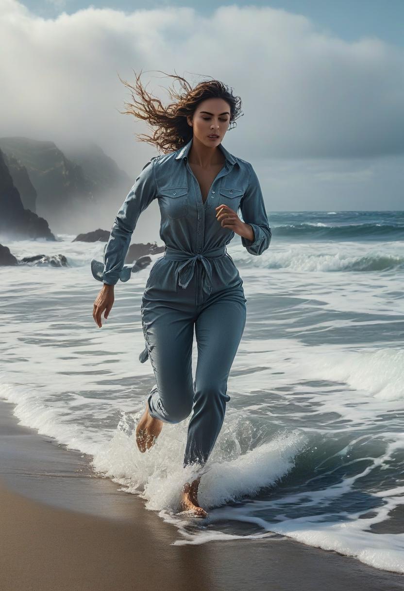  the girl running around the waves hyperrealistic, full body, detailed clothing, highly detailed, cinematic lighting, stunningly beautiful, intricate, sharp focus, f/1. 8, 85mm, (centered image composition), (professionally color graded), ((bright soft diffused light)), volumetric fog, trending on instagram, trending on tumblr, HDR 4K, 8K