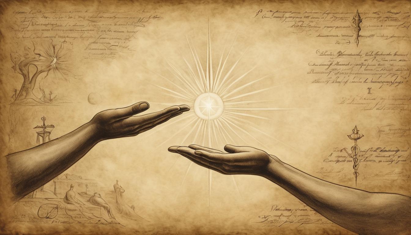  on parchment, surrealism++, open hands receiving radiant light, celestial background, sense of receiving blessings from heaven(mysterious, provocative, symbolic)++