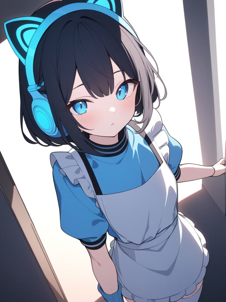  ((headphones,cute,light blue jersey,black hair,bob hair,trimmed bob hair,light blue eyes,jersey apron,maid apron over jersey,cat shaped headphones,light blue headphones,jersey dress,white leg warmers,light blue color scheme))、ultra detailed,best shadow,cute and beautiful face,(masterpiece:1.2),(best quality:1.2),detailed background,high contrast,(best illumination,an extremely delicate and beautiful),((cinematic light)),hyper detail,dramatic light,intricate details,8k,anime,very aesthetic、jersey: 1.5