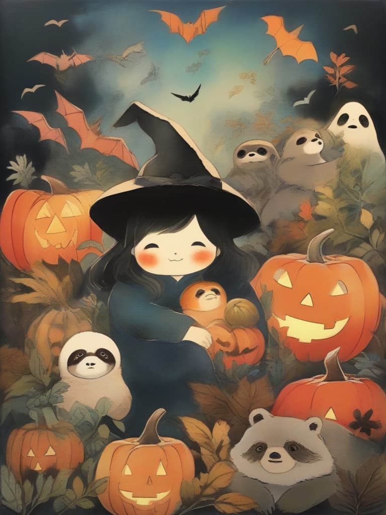  best masterpieces, takihira jiro style paintings, halloween, 🍁 and sloth, colorful,