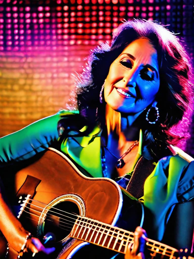  A younger Country singer Joan Baez, medium shot, upper body, spotlight, long exposure lighting, street art style spray paint, glamour lighting