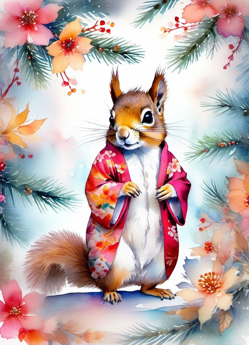  fairy tale christmas trees with cones, squirrel in a kimono, (double exposure: 1.4). (soft textured paper). alcohol ink of (bright) flowers. the incompleteness effect. tenderness of watercolors, winter, delicate colors. thin white lines. emotion. light relief pattern. . magical, fantastical, enchanting, storybook style, highly detailed