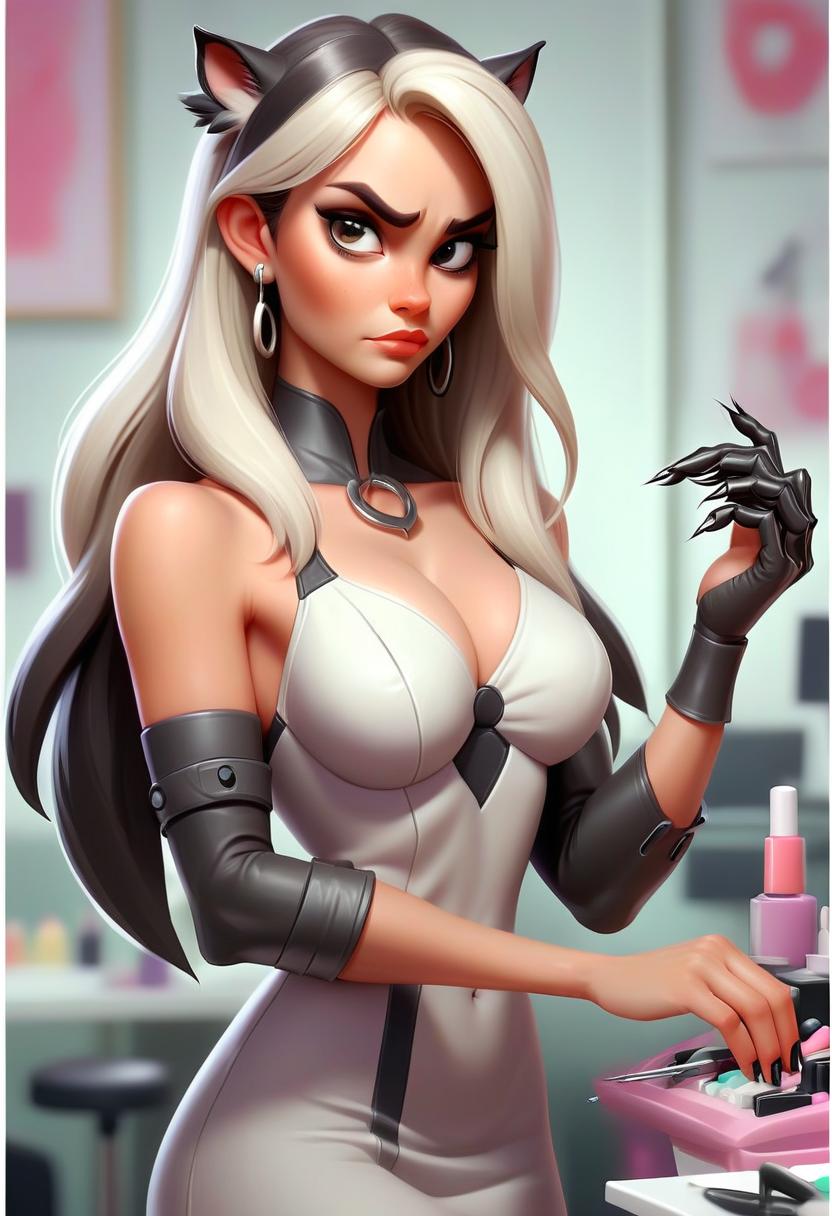  concept art cute young woman with paws and claws at nail design studio . digital artwork, illustrative, painterly, matte painting, highly detailed, perfect hands, perfecteyes