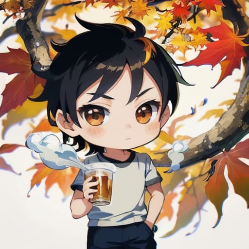  master piece , best quality,chibi character boy holding a cigarette holding a beer background autumn face close up