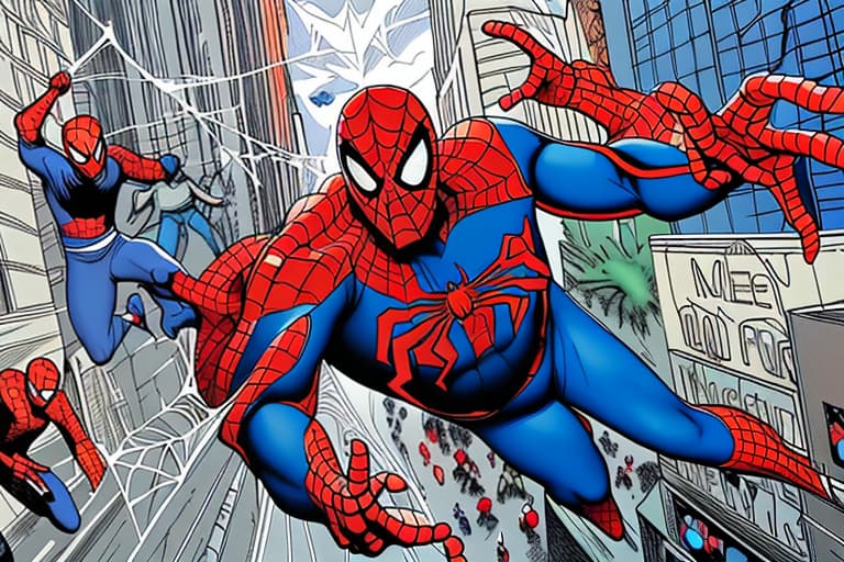  Image features a drawing of a group of people running away from spider man holding a web , as a fat man falls from the sky and lands on spider man , preventing him from attacking. A guy , in the background, looks surprised and amused by the situation. A speech bubble reads: "Oh, the fat man saves the day again!"