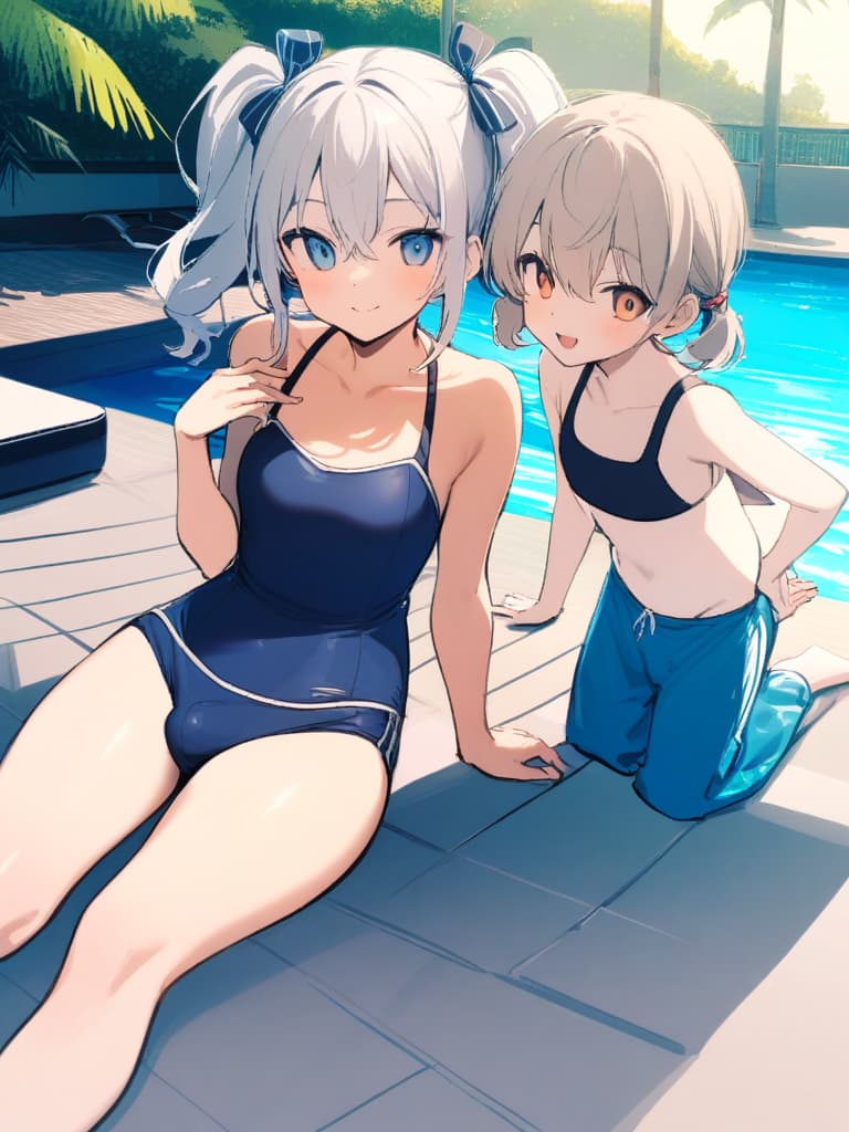  women's elementary students, twin tails, rich smiles, cute smiles, navy blue swimwear, old swimwear, swimwear, simple, male, shaped clear , shaped clear, clear stem, shaped crisp, male bulge,, front. the whole body, pool side,