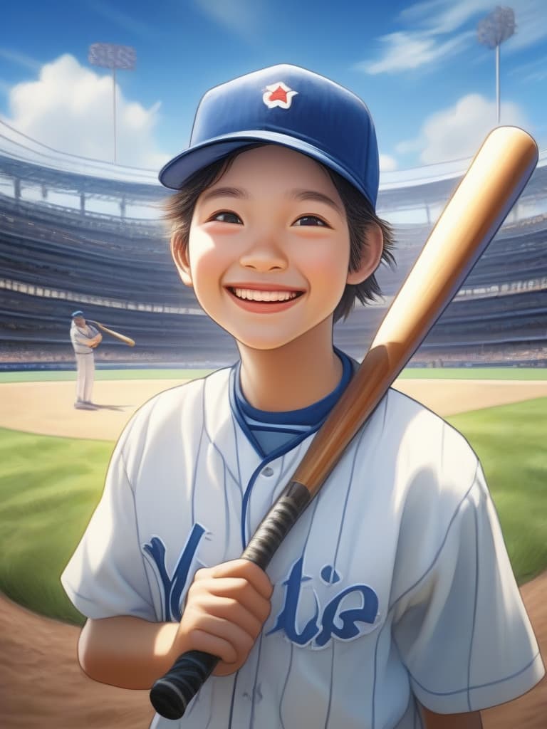  baseball boy, smile, ground, masterpiece, best quality,8k,ultra detailed,high resolution,an extremely delicate and beautiful,hyper detail