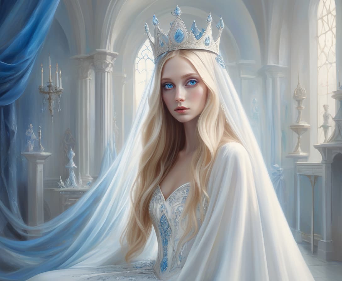  surrealist art a with long blonde hair, big blue eyes, in a magnificent white wedding shiny dress, on her head she has a shiny veil and a princess crown . dreamlike, mysterious, , symbolic, intricate, detailed