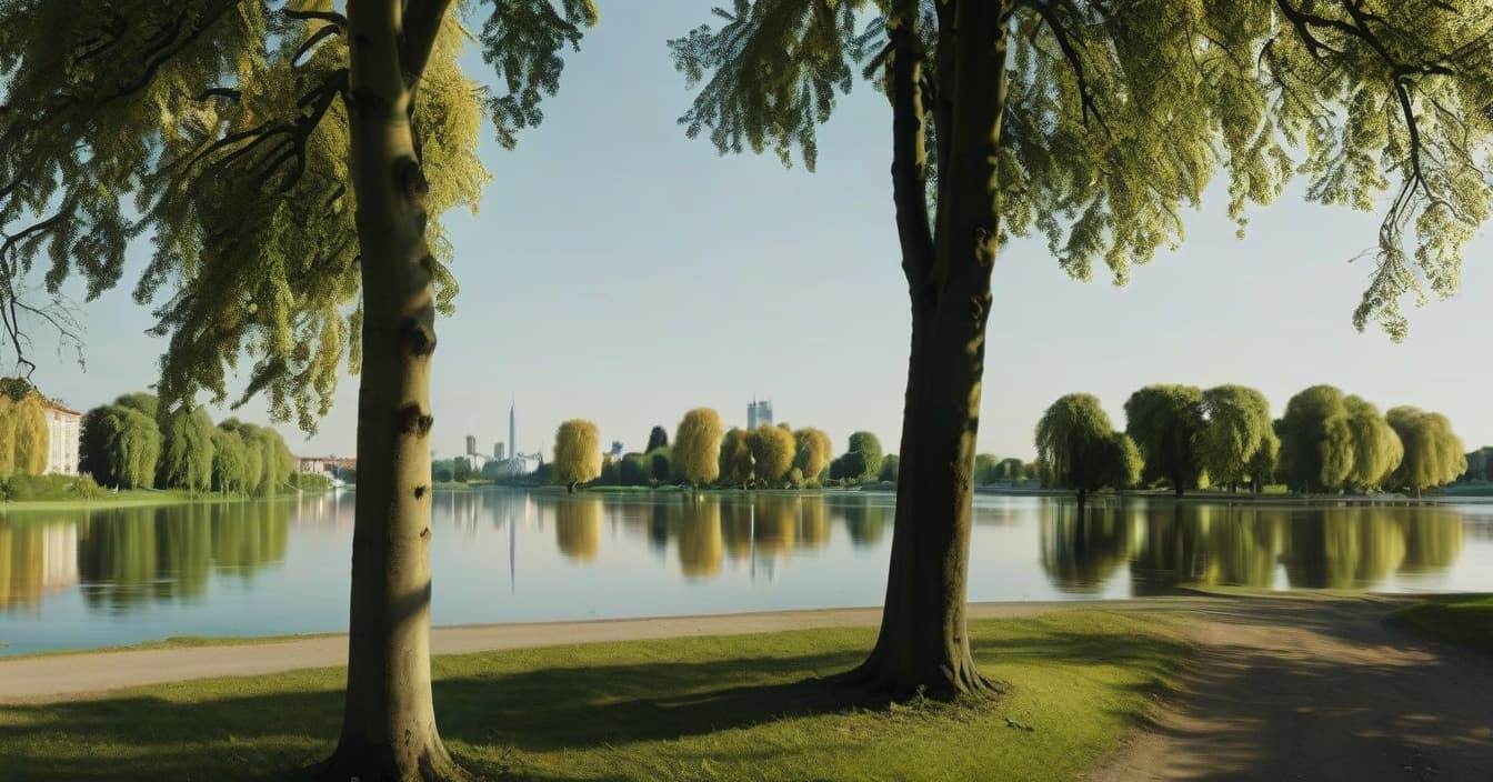  hyperrealistic art realistic landscape, metropolis in the distance, left linden tree and right linden tree, sunny summer day, wide angle camera, park, lake reflects trees, cinematic, bottom view . extremely high resolution details, photographic, realism pushed to extreme, fine texture, incredibly lifelike