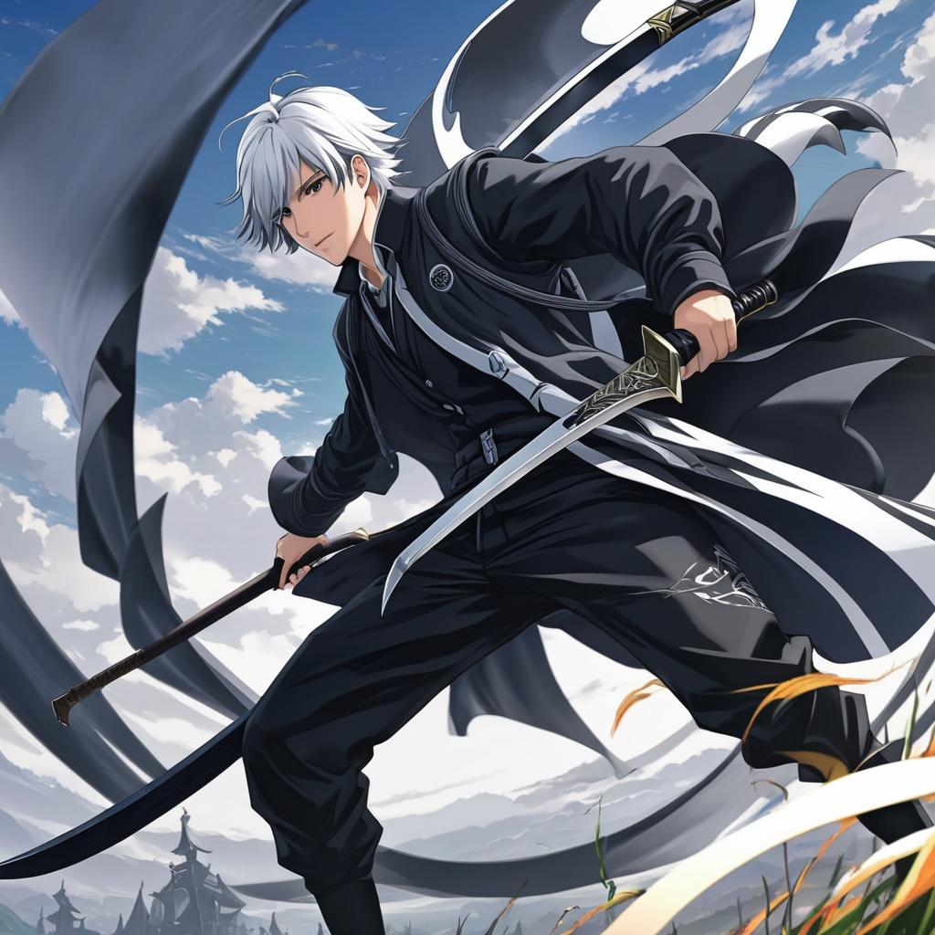  young man with black and white hair and a scythe, anime artwork, anime style, key visual, vibrant, studio anime, highly detailed