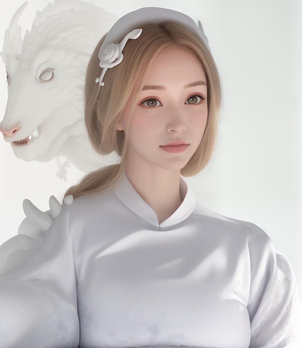  masterpiece, best quality, a pregnant woman, white dragon, cloud, wedding dress