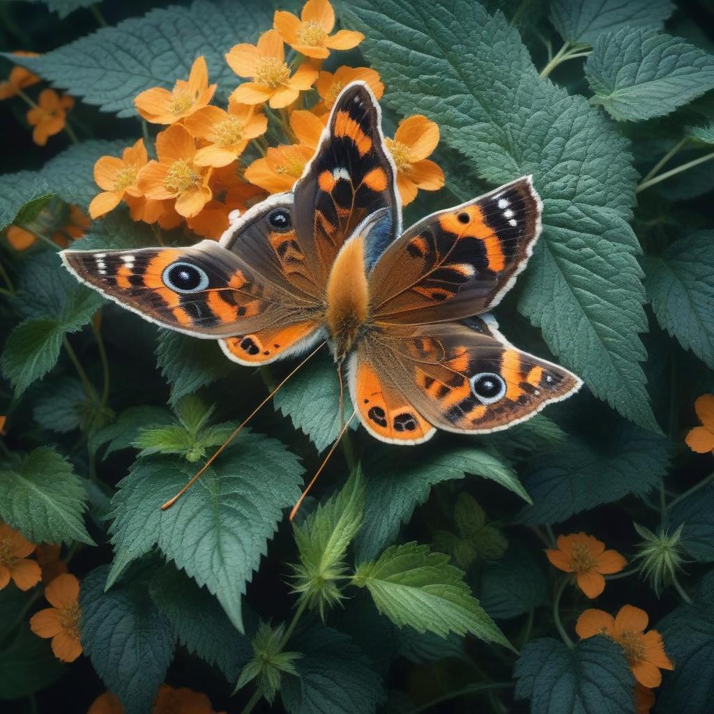  Butterfly "urticaria" on nettles hyperrealistic, full body, detailed clothing, highly detailed, cinematic lighting, stunningly beautiful, intricate, sharp focus, f/1. 8, 85mm, (centered image composition), (professionally color graded), ((bright soft diffused light)), volumetric fog, trending on instagram, trending on tumblr, HDR 4K, 8K