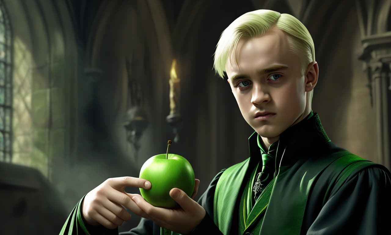  concept art draco malfoy hogwarts, a young aristocrat, works magic, holds a green apple . digital artwork, illustrative, painterly, matte painting, highly detailed