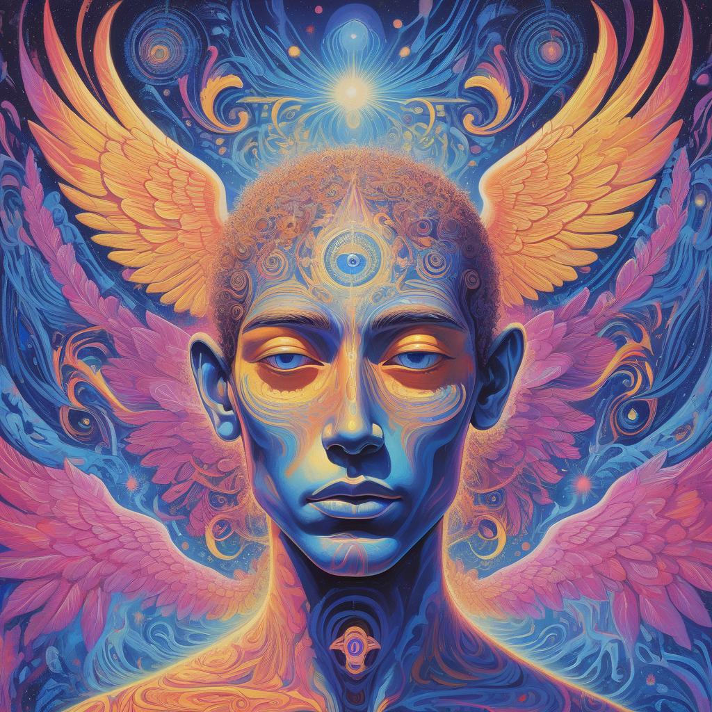  a vibrant, psychedelic artwork depicts a serene human face with a third eye on the forehead. the face is surrounded by intricate, swirling patterns in neon colors of blue, pink, orange, and yellow. angelic figures with wings, ethereal beings, and abstract shapes flow around the head, creating a dynamic and otherworldly atmosphere. the overall imagery suggests a transcendental or spiritual experience.