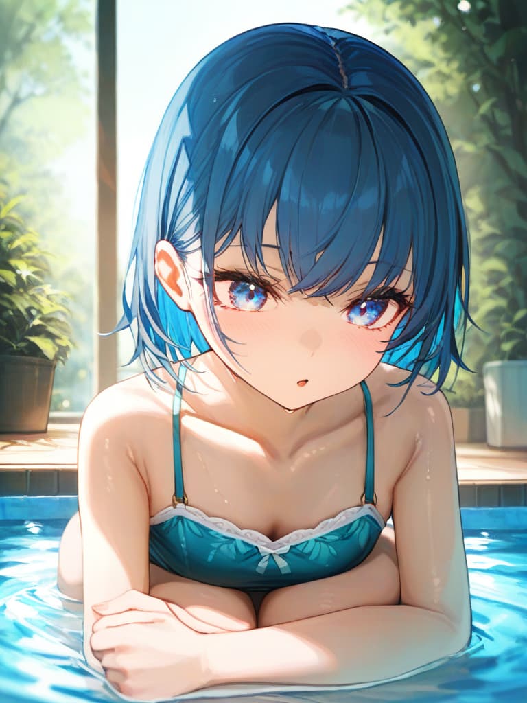  twin tails, blue hair, , ren with gles, infants, swimwear, pool, gles , gles , masterpiece, best quality,8k,ultra detailed,high resolution,an extremely delicate and beautiful,hyper detail