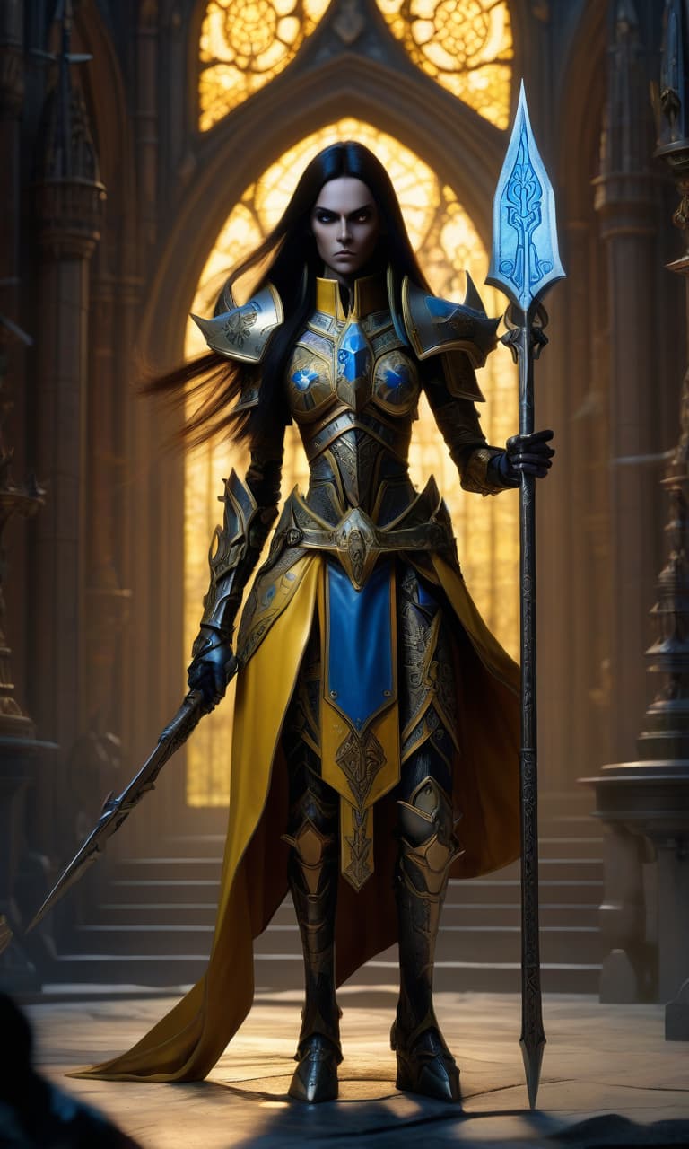  a warhammer 40000 eldar farseer female character in bone armor stands confidently with a spear in hand. the armor features black and yellow, with intricate patterns, red gemstones, runes glowing blue. the character has a determined expression, long hair, and pointed elven ears the background is a catholic cathedral at dusk.