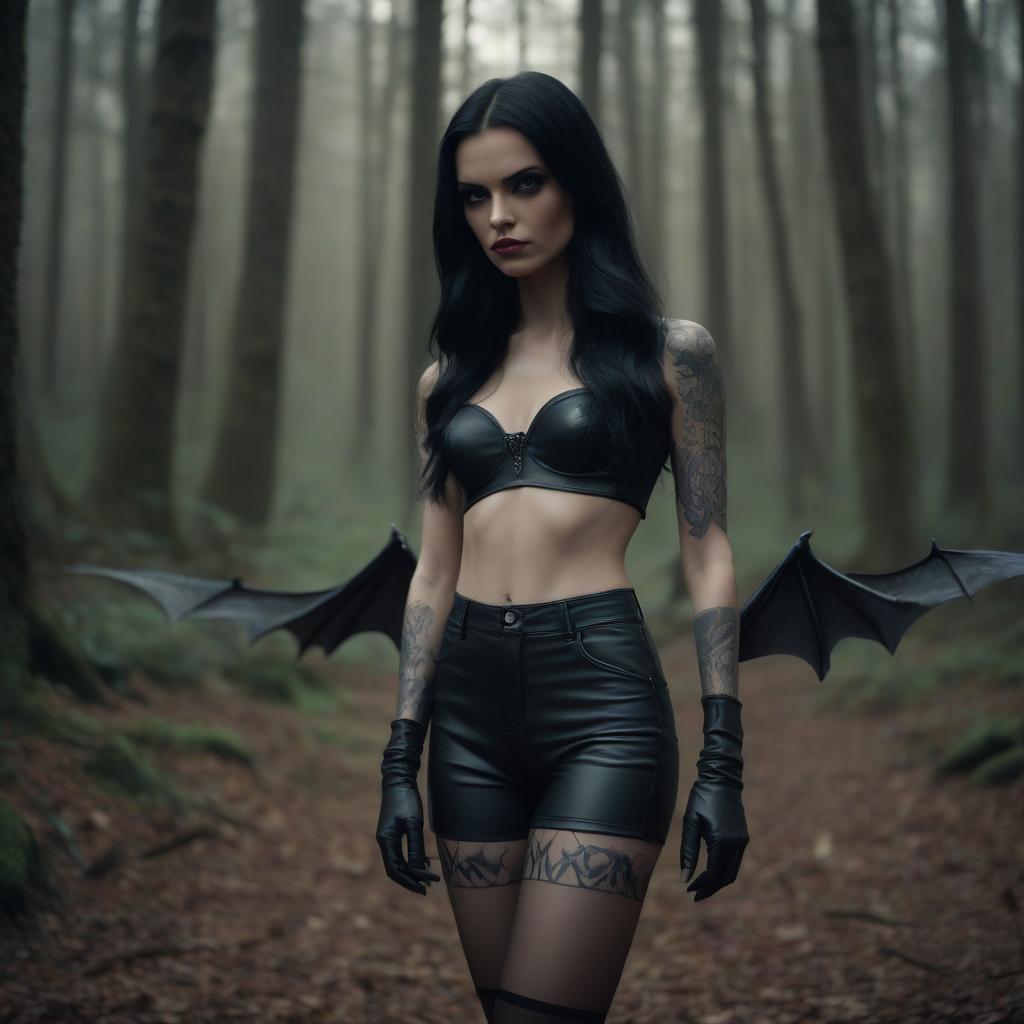  cinematic film still photorealism, naturalism, as close as possible to a living image, beautiful slim woman vamp full height, full length, long black hair, open stomach, tattoos, open arms, leather shorts, short leather gloves, tights with a pattern on garters, behind a dragon, against the background of a fabulous forest, overdetailing, high resolution, high detail, 30mm lens,1/250s,f/2.8, iso 100, hyperrealism . shallow depth of field, vignette, highly detailed, high budget, bokeh, cinemascope, moody, epic, gorgeous, film grain, grainy