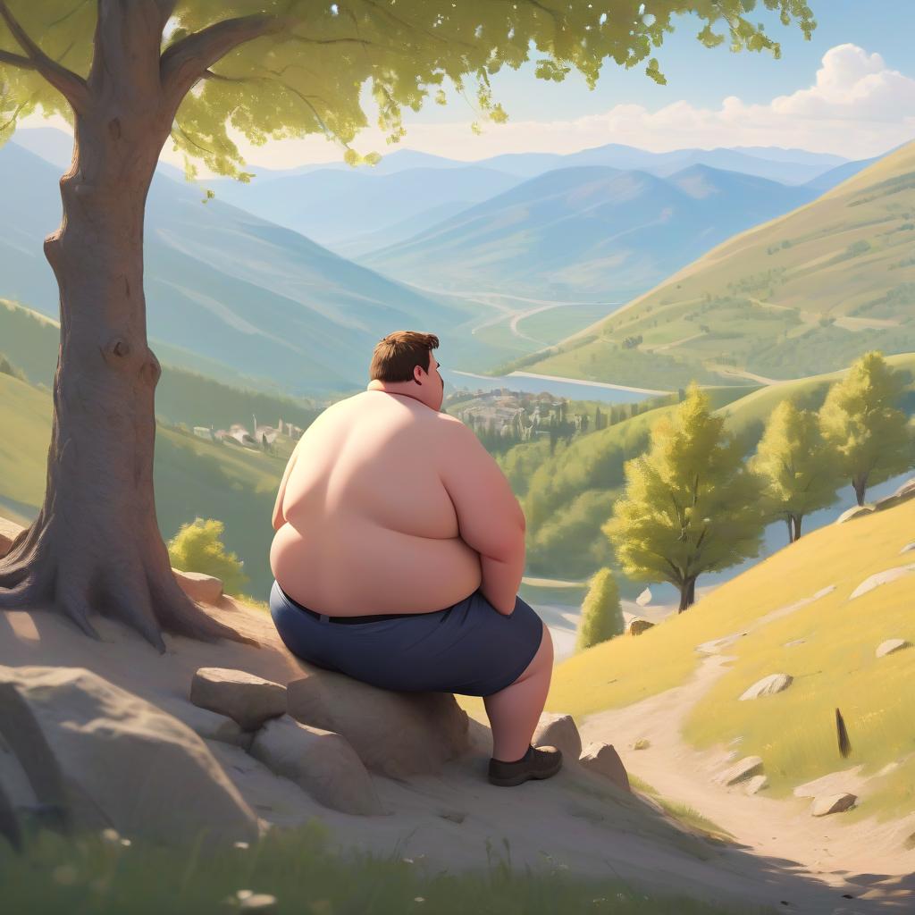  a slightly fat guy sits under a tree on a mountain and looks into the valley of the hills