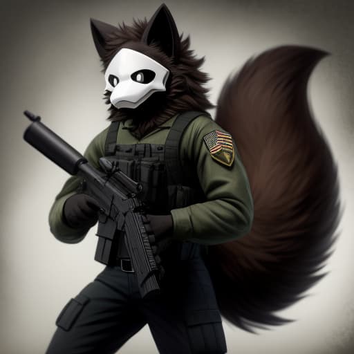  Puro, Military urban uniform, Black mesa background, brown fur, mega flufy big tail, fluffy body, holding a MP5, open eyes, digital art, masterpiece, 4k, fine details,