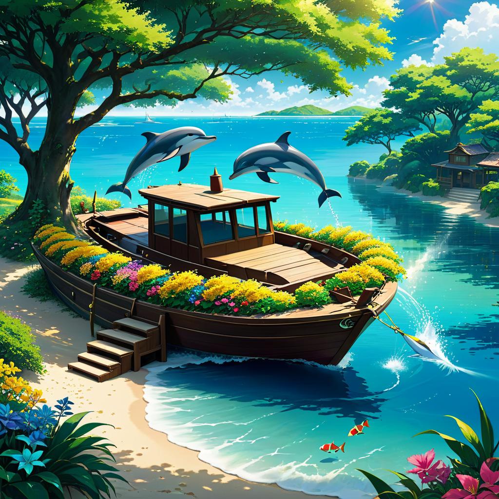  heart, trees, sun, nature, sea, sand, dolphin, water, fish, catfish, lakes, rivers,flowers, rainwater, boat, anime artwork, anime style, key visual, vibrant, studio anime, highly detailed