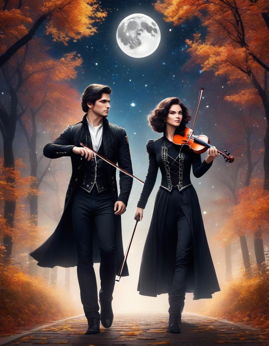  space themed ilration for the book: a couple of a guy and a : an androgynous age with dark wavy hair to his shoulders in a black shirt with rolled up sleeves and black trousers, with a violin and a bow, and a of slavic appearance with dark bob hair, in a white dress with a very fluffy above the , with a violin and a bow, standing on an autumn alley and playing the violins, the moon and stars in the sky . cosmic, celestial, stars, galaxies, nebulas, planets, science fiction, highly detailed