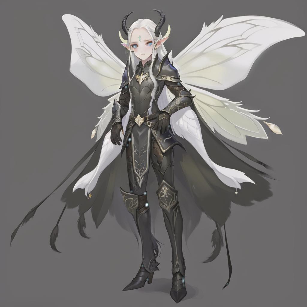  dnd, young , small black horns on the head, white skin, white hair, long hair in the tail, pointed elven ears, white wings of a moth, black leather armor, pearl on the , hkmagic