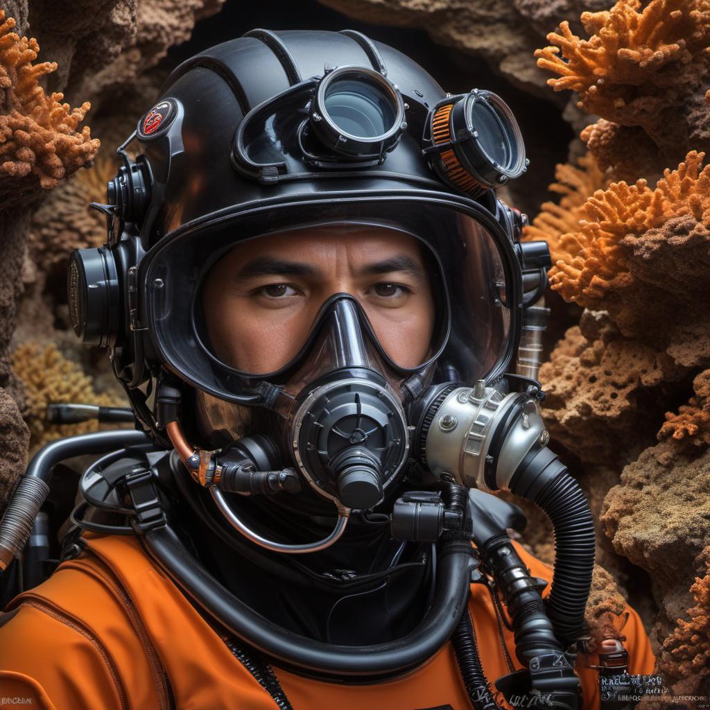  jb name, male, rebreather diver, thick loops, helmet in orange, cave diver, underwater, face view diver, fresh water, shoulder view, jb, mystical style