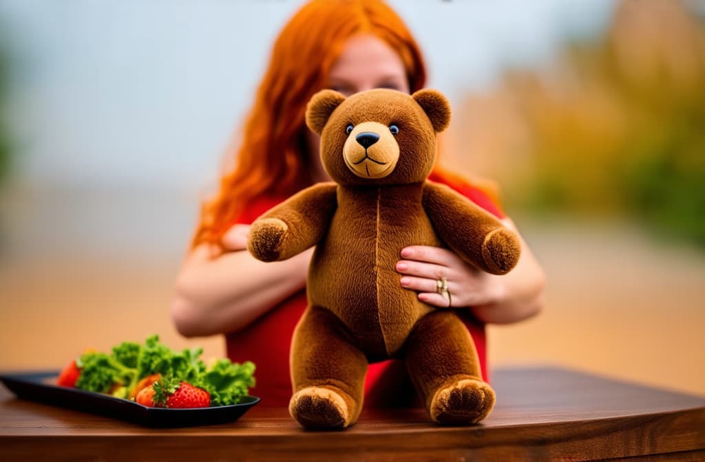  food gourmet photography style, red haired girl hugs a bear ar 3:2, appetizing, professional, culinary, high resolution, commercial, highly detailed ,soft natural lighting, macro details, vibrant colors, fresh ingredients, glistening textures, bokeh background, styled plating, wooden tabletop, garnished, tantalizing, editorial quality