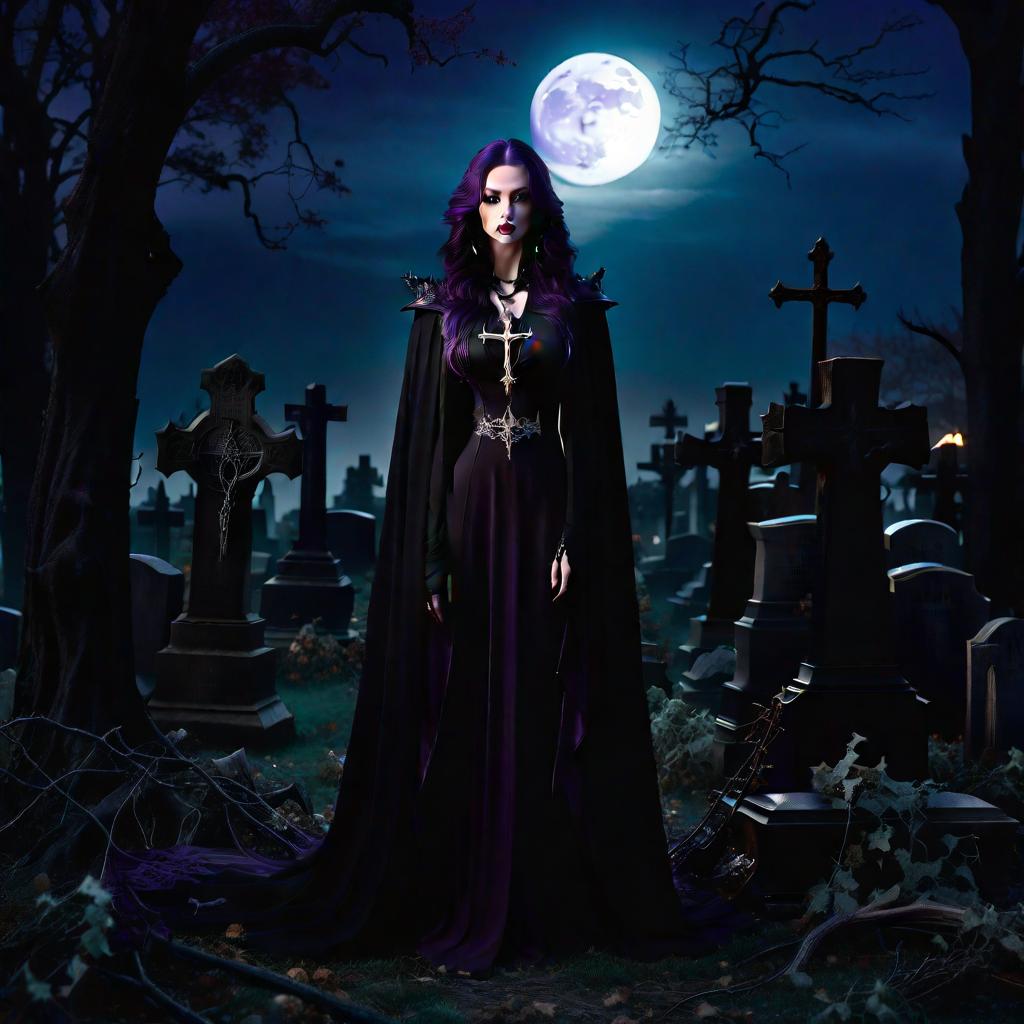  gothic style full body, very young elf necromancer, pale skin, slender, thin, athletic, extremely thin waist, very long dark purple wavy hair,mive cross earrings, huge tattoo on s, open shoulders, black very short dress, soled boots, lace stockings, long cloak, necromancer staff, necromancer book, old abandoned graveyard, many tombstones, crosses, graves, dead trees, crows, full moon, moonlit night, ghosts, dead knights . dark, mysterious, haunting, dramatic, ornate, detailed, hkmagic hyperrealistic, full body, detailed clothing, highly detailed, cinematic lighting, stunningly beautiful, intricate, sharp focus, f/1. 8, 85mm, (centered image composition), (professionally color graded), ((bright soft diffused light)), volumetric fog, trending on instagram, trending on tumblr, HDR 4K, 8K