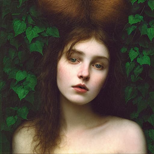 analog style Highly detailed moody dark, masterful portrait of a breathtakingly lovely, wild Witchling nymph surrounded by trailing ivy painted by John William Waterhouse and Rembrandt. She has a beguiling face and is looking down directly at the viewer. Her eyes are breathtakingly lovely and engaging. She has long, wild, unkempt dark hair. Gorgeous, highly detailed , ornate composition using the golden ratio.