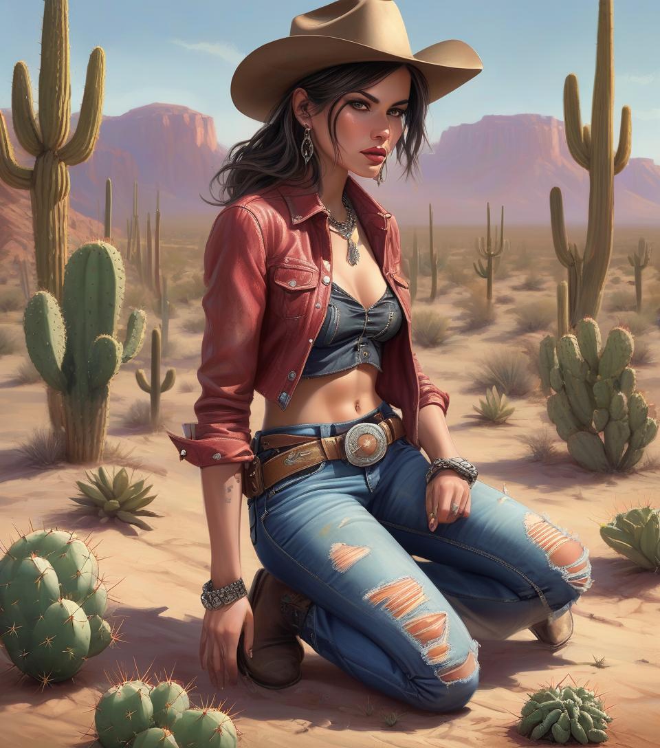  grunge style arafed woman in cowboy outfit kneeling in desert with cactus, female cowgirl, by mort künstler, by magali villeneuve, by pamela ascherson, highly detailed digital painting, cowgirl, western art, in stunning digital paint, western cowgirl, realistic digital painting, smiling woman, photorealistic digital painting, ultradetailed digital painting . textured, distressed, vintage, edgy, punk rock vibe, dirty, noisy