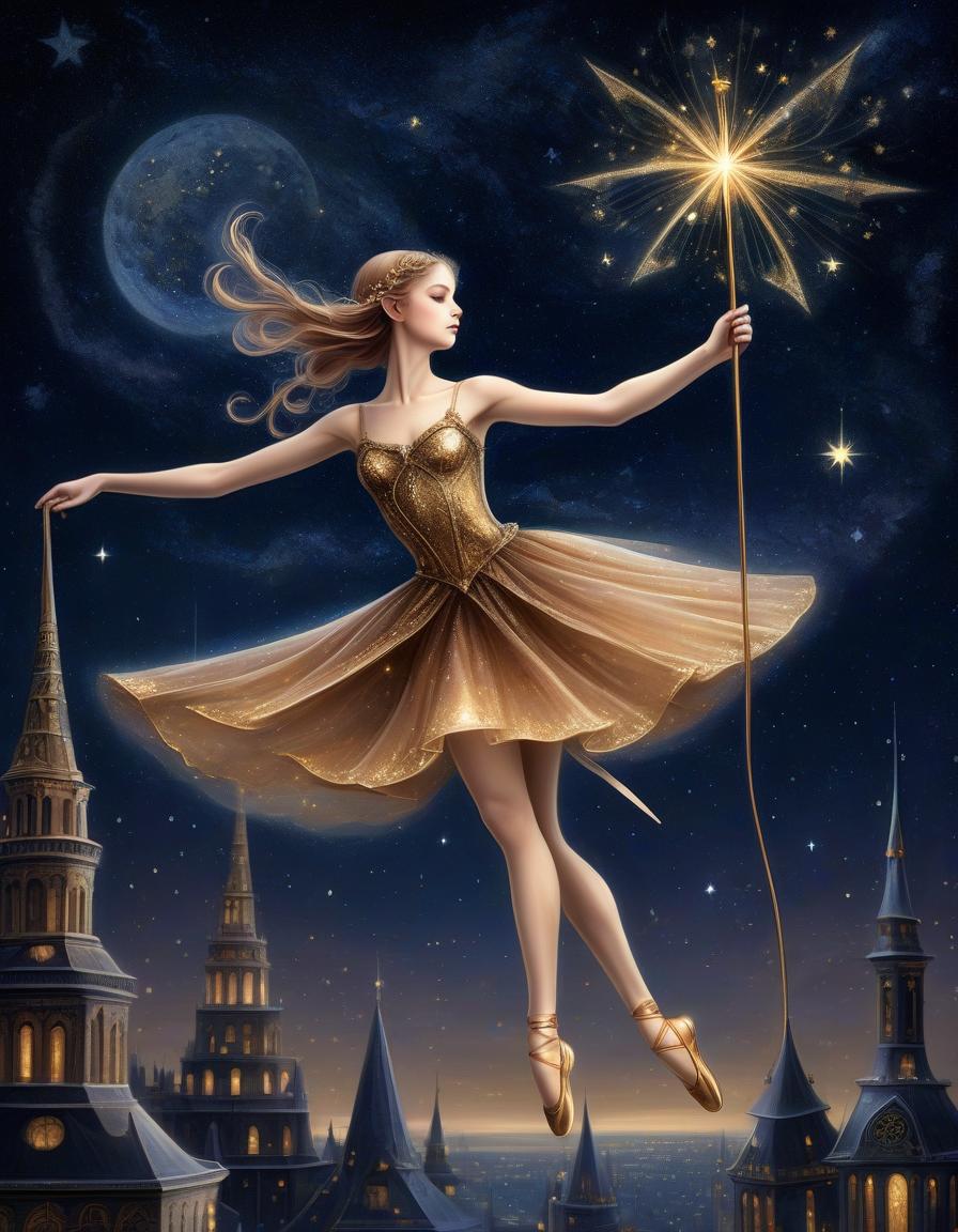  drawing of a delicate fairy in graceful bronze ballet flats holding a wand against a starry sky, in the style of dark starry nights, an ancient city below, gilded age, colorful costumes, contrast, flickr, futuristic movement