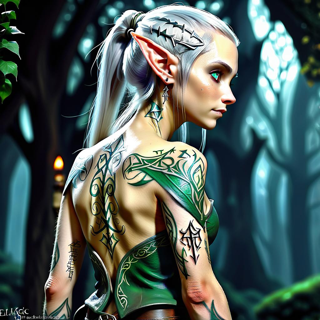  magical tattoo in the elvish language on the shoulders and torso of an elf, hkmagic