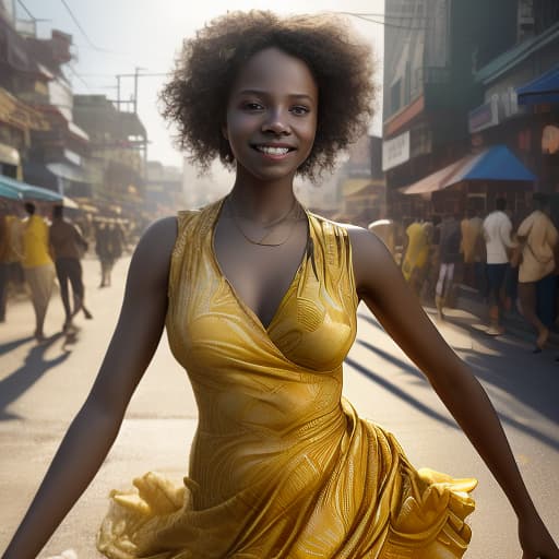  an african american dances in the street, wearing a yellow dress to her develops as she makes a turn, the 's body position is half turned. the smiles, everything is bright and in warm shades. in the background of the carnival, a few s in the background in red, photorealistic, hyperrealistic, hyperdetailed, analog style, demure, detailed skin, pores, smirk, smiling eyes, matte skin, soft lighting, subsurface scattering, realistic, heavy shadow, masterpiece, best quality, ultra realistic, 8k, golden ratio, intricate, high detail, film photography, soft focus