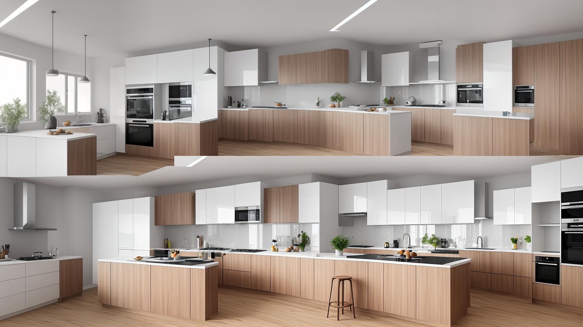  A modern and stylish kitchen interior designed by TuRum, featuring minimalist design with a combination of light and neutral colors (white, gray, wooden tones) and sleek black accents. The kitchen includes built-in appliances like an oven, microwave, and dishwasher, with spacious cabinets and pull-out systems for optimal storage. The countertops are made of high-quality materials, and the layout is either straight or L-shaped to fit small spaces. Additional elements include bottle holders, organizers, railings, and hidden hoods. The overall look is clean, functional, and elegant, with a focus on practicality and ease of maintenance. hyperrealistic, full body, detailed clothing, highly detailed, cinematic lighting, stunningly beautiful, intricate, sharp focus, f/1. 8, 85mm, (centered image composition), (professionally color graded), ((bright soft diffused light)), volumetric fog, trending on instagram, trending on tumblr, HDR 4K, 8K