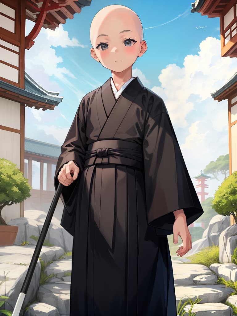  masterpiece、cute monk boy,small boy,skinhead,white kimono,black hakama ikkyu,anime,