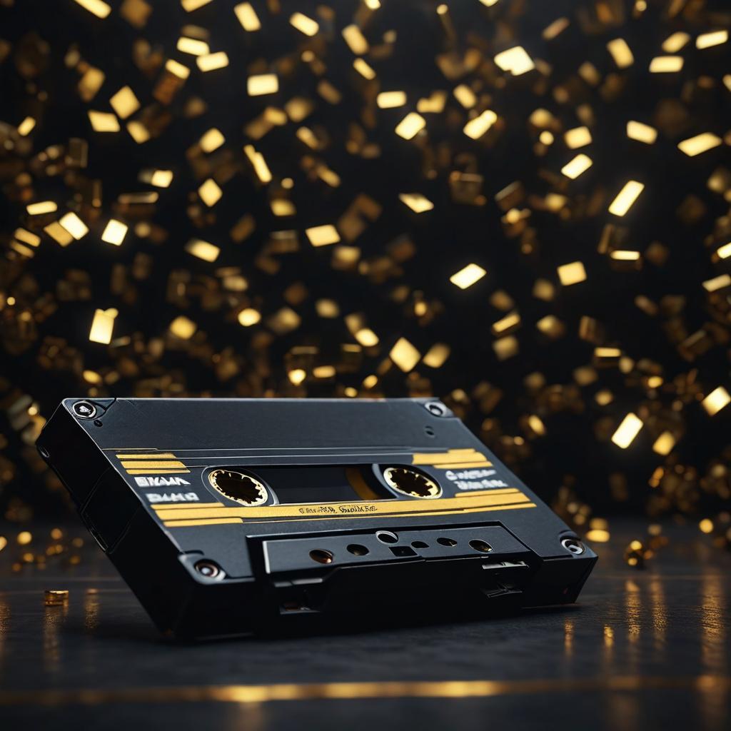  blank cassette tape. realism. baroque. detailed. 4k. octane render. 3d . black and gold, cinematic film style, shallow depth of field, vignette, highly detailed, high budget, bokeh, cinemascope, moody, epic, gorgeous, film grain, grainy