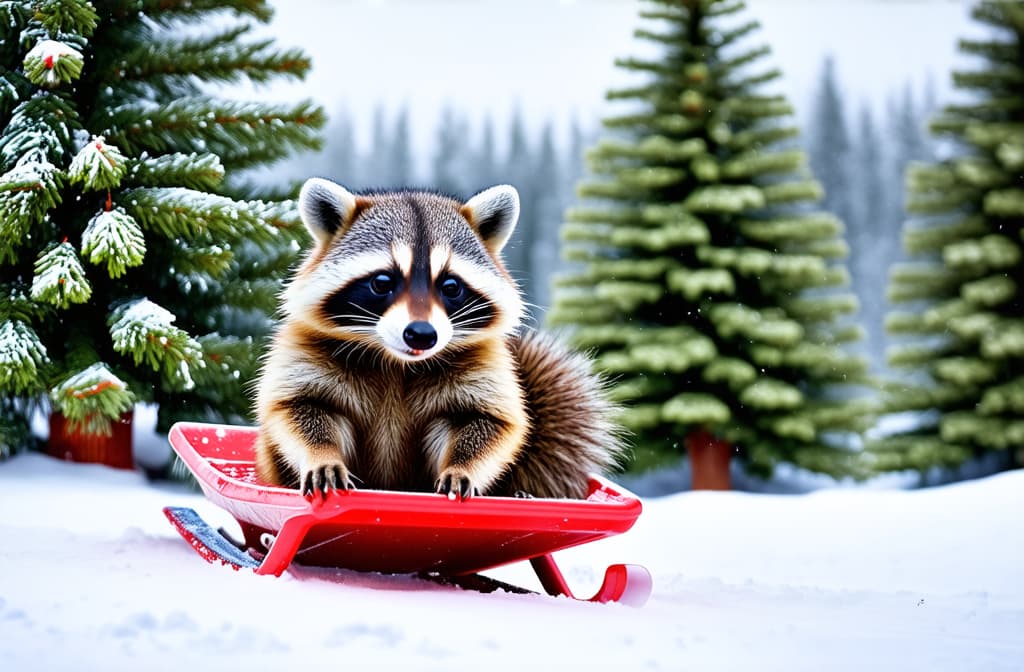  the fun loving raccoon: a winter wonderland of raccoon sledding ar 3:2 {prompt}, maximum details