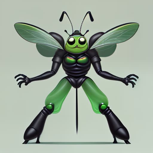  cute cartoon insect beetle character with a green body, big expressive eyes and a smile on his lips. on his head he has a huge brown helmet with goggles, giving him an adventurous look. the insect beetle stands confidently holding a blaster, he has graceful wings and long tendrils. the background is simple and bright inside the starship to emphasize the charm of the funny character with the weapon.