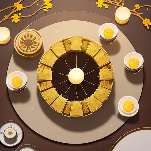  mid-autumn best wish picture in Chinese, with moon, delicate moon cakes on beautiful plates, tea set, small candles, colorful lanterns, incense, blooming osmanthus branches, arranged in an artful way. ，