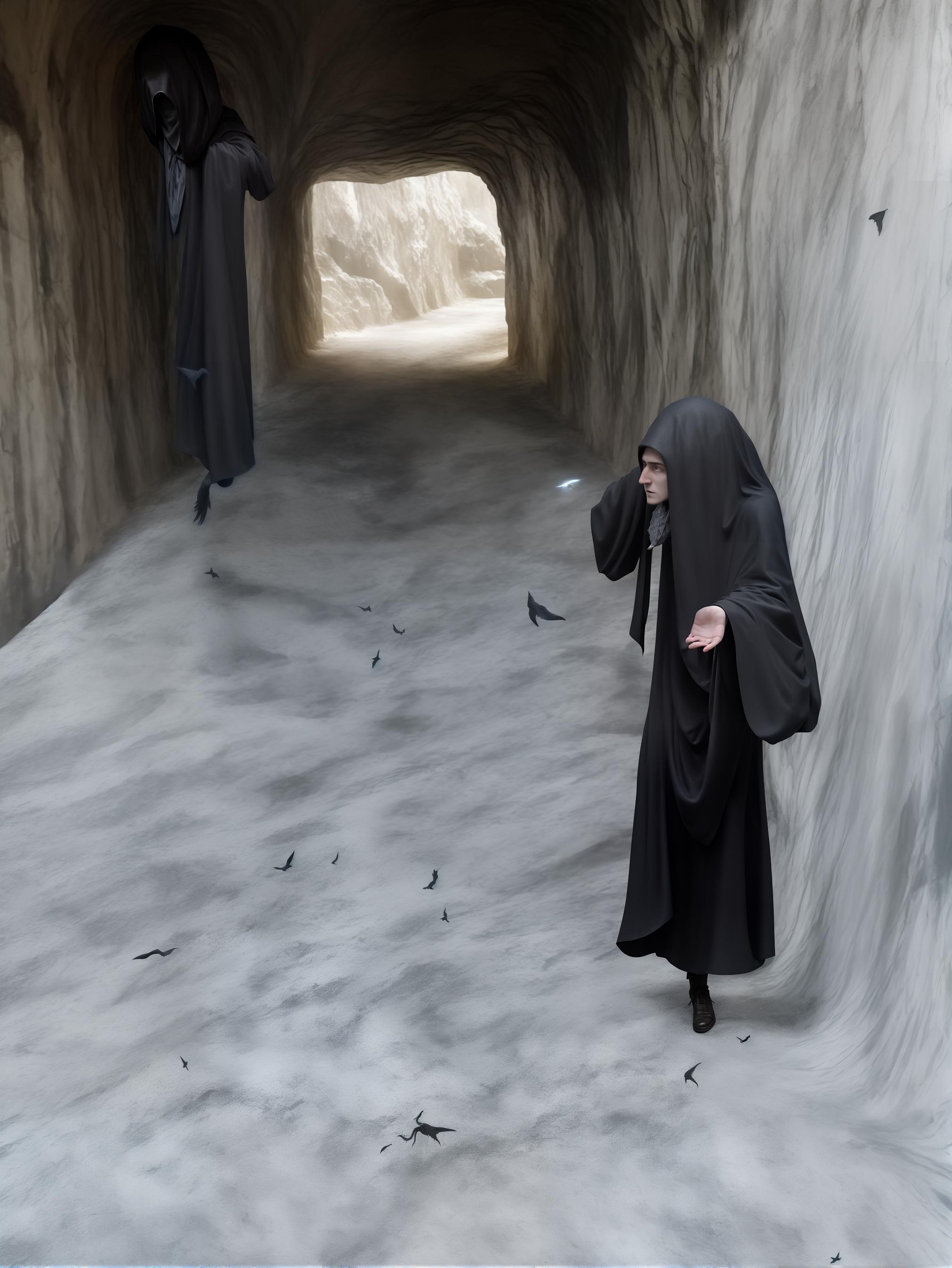  masterpiece, best quality, add a harry potter style dementor partial translucent,flying down the tunnel towards the camera, and darken the tunnel