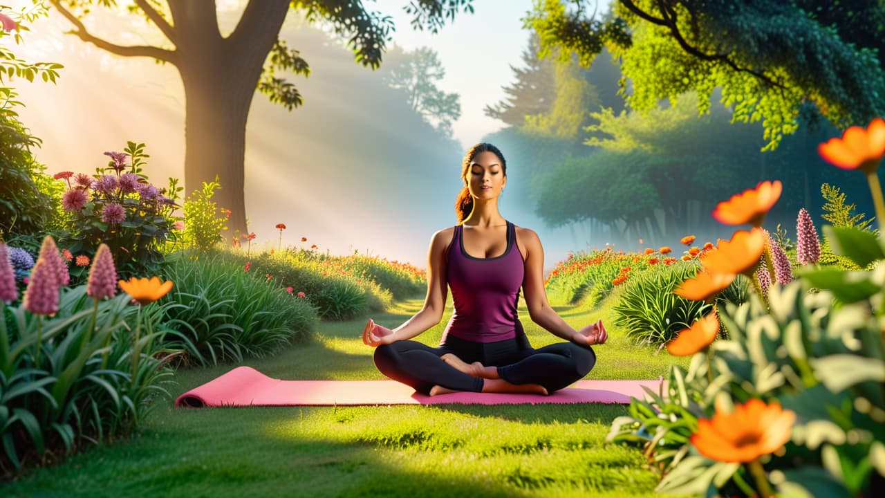  a serene scene featuring a diverse group of people practicing yoga in a lush garden, surrounded by vibrant plants and flowers, with sunlight filtering through trees, symbolizing harmony of mind, body, and spirit. hyperrealistic, full body, detailed clothing, highly detailed, cinematic lighting, stunningly beautiful, intricate, sharp focus, f/1. 8, 85mm, (centered image composition), (professionally color graded), ((bright soft diffused light)), volumetric fog, trending on instagram, trending on tumblr, HDR 4K, 8K