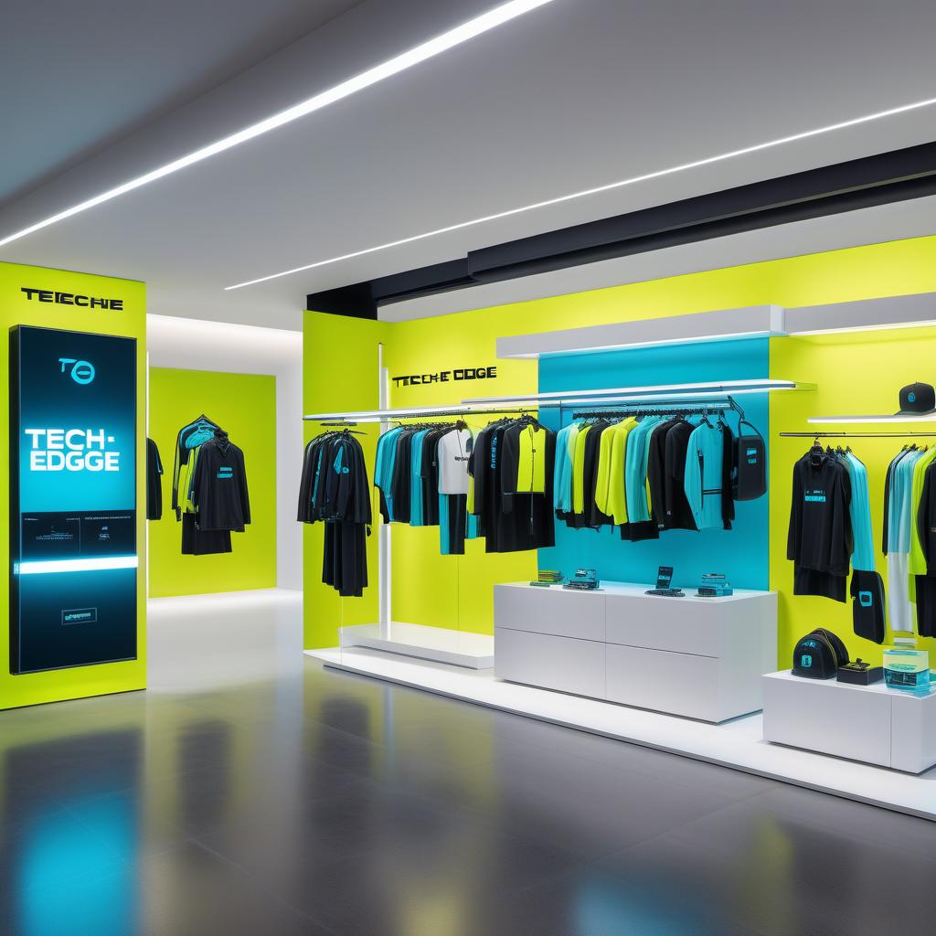  A modern, edgy tech store branding visualization with the name 'TechEdge'. The design should incorporate a Neon and Dark color theme. The primary colors should be Neon Green (#39FF14) and Electric Blue (#7DF9FF). The secondary colors should be Dark Graphite (#2A2A2A) and Charcoal (#4A4A4A). Include accent colors like Neon Yellow (#FFFF33) and Bright Cyan (#00FFFF). The logo should have a tech-inspired design, and the store elements should reflect a sleek, modern, and futuristic aesthetic. Include sample elements like a homepage banner, product category icons, and a color palette swatch. hyperrealistic, full body, detailed clothing, highly detailed, cinematic lighting, stunningly beautiful, intricate, sharp focus, f/1. 8, 85mm, (centered image composition), (professionally color graded), ((bright soft diffused light)), volumetric fog, trending on instagram, trending on tumblr, HDR 4K, 8K