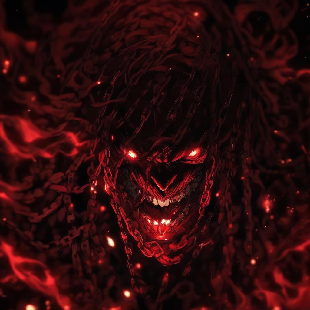  a close up of a red light in a dark room, unlimited blade works, wearing chains, animated still, from overlord, streaming, transforming into his final form, dark nature background, epic image, locklegion, mood scary, high damage, poggers, “ anime, 2 0 1 9 anime, luminous veins, anger. hyper detailed