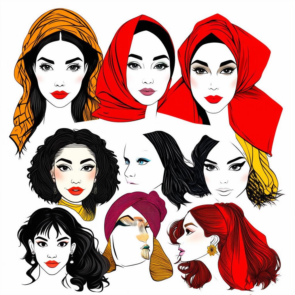  different beauty. set of different female heads in headscarf. different races and nationalities. colored hand drawn illustration {prompt}, maximum details