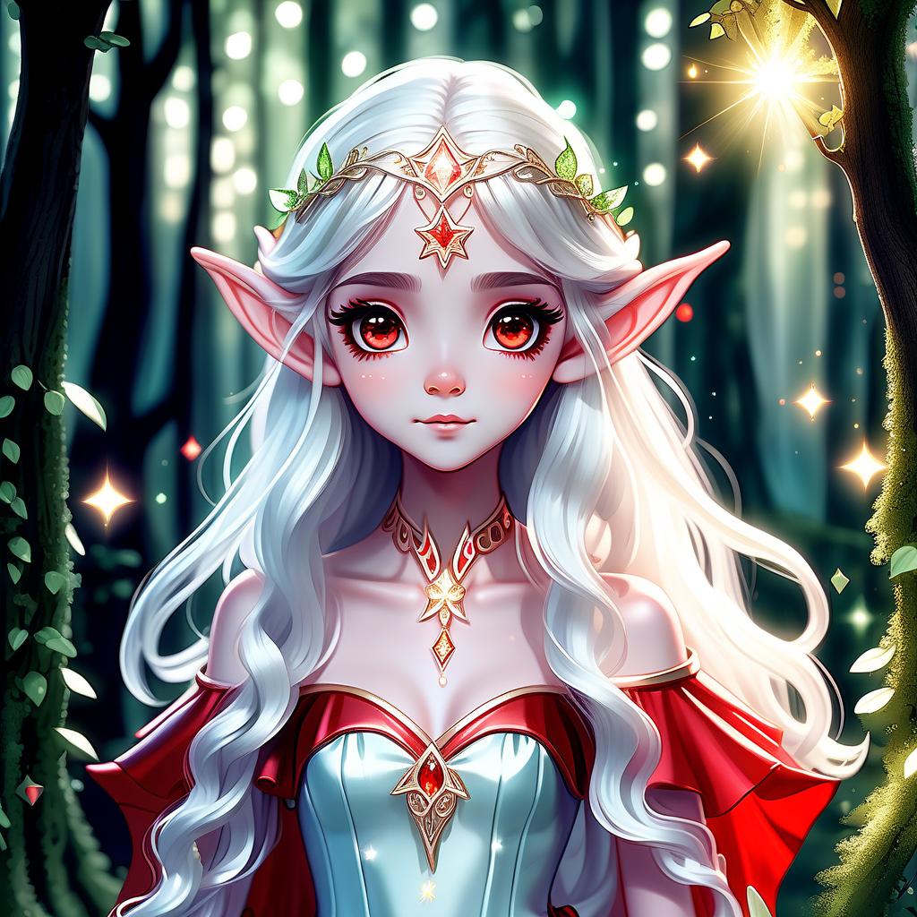  kawaii style elf wearing a gown with sparkling details with a white glow and shining long wavy detailed hairs, black hair, fairy forest, red eyes, realistic . cute, adorable, brightly colored, cheerful, anime influence, highly detailed