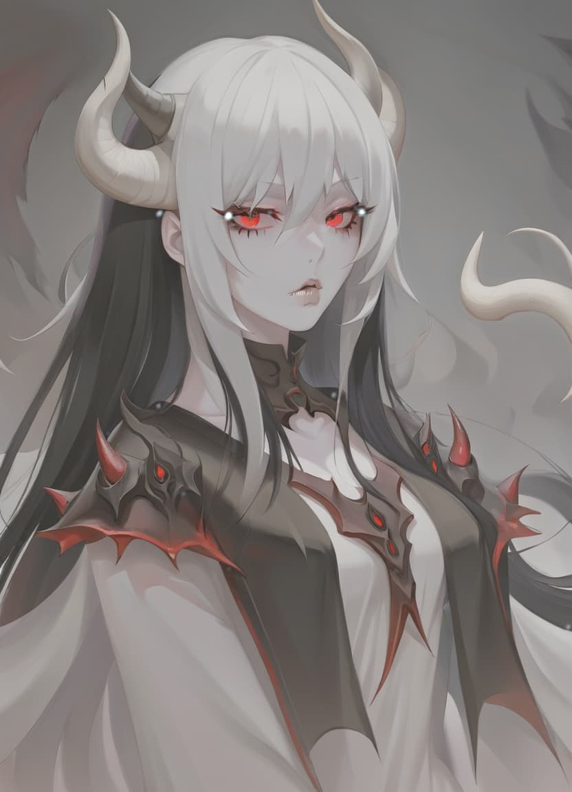  demon woman, white skin, red eyes, black hair, white horns, black clothes