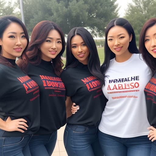  (A group of women at the university wearing a shirt that has Rich Bosses University on it ), photorealistic, highly detailed, 4k, high quality hyperrealistic, full body, detailed clothing, highly detailed, cinematic lighting, stunningly beautiful, intricate, sharp focus, f/1. 8, 85mm, (centered image composition), (professionally color graded), ((bright soft diffused light)), volumetric fog, trending on instagram, trending on tumblr, HDR 4K, 8K